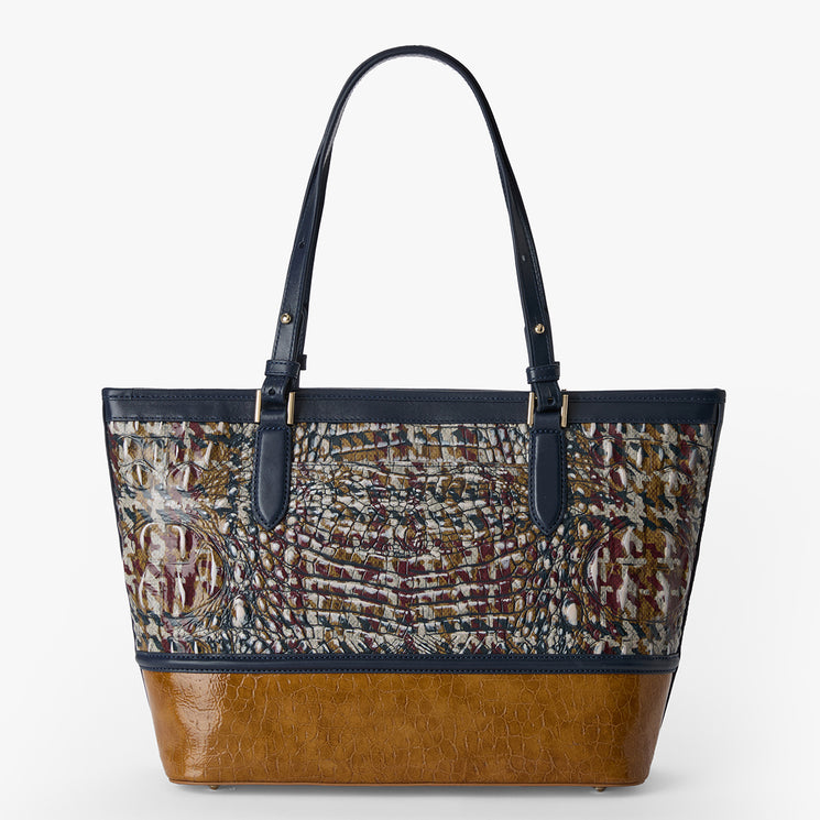 Multicolored patterned Medium Asher handbag with brown accents on a white background. Back view.