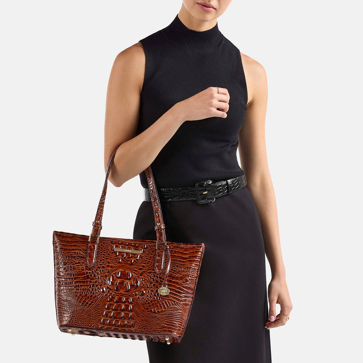 Pecan Melbourne Medium Asher Tote Being Worn by Model On the Arm
