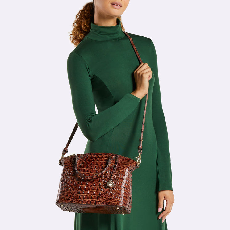 Pecan Melbourne Duxbury Satchel Being worn by model across her body