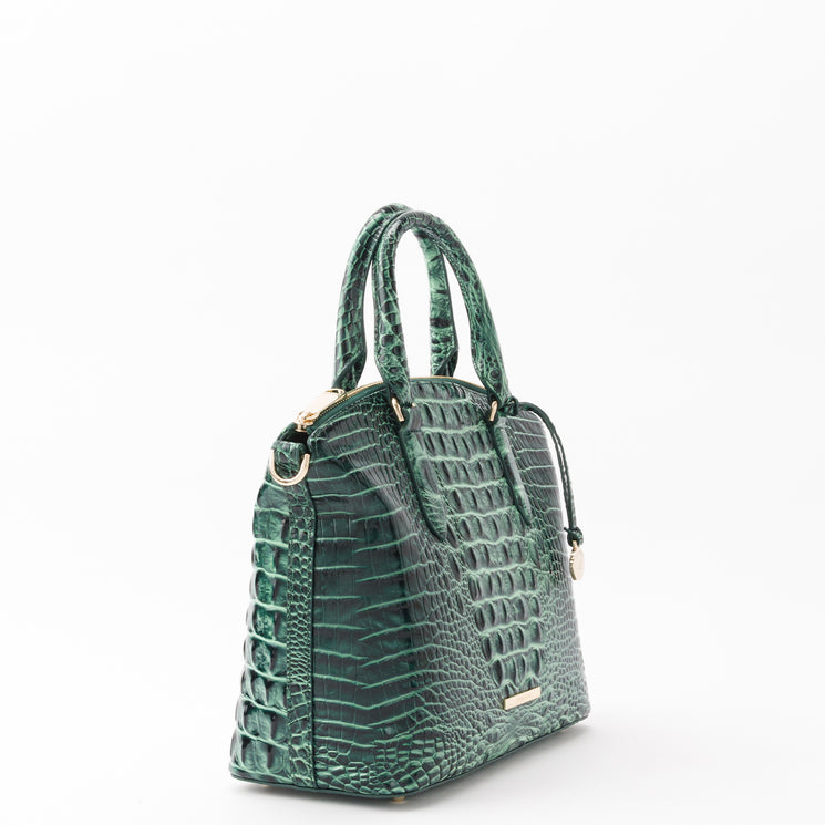 Forest green Brahmin Duxbury Satchel in a croc-embossed texture with dual handles.