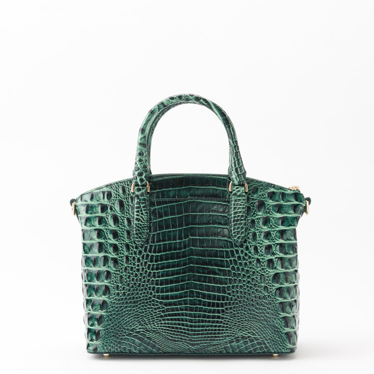 Dark green Brahmin Duxbury Satchel in a textured, embossed pattern with two handles.