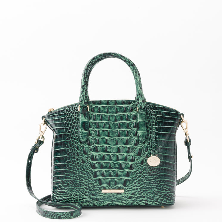 Brahmin Duxbury satchel in forest green with a croc-embossed texture, featuring top handles, a detachable shoulder strap, and gold-tone hardware.
