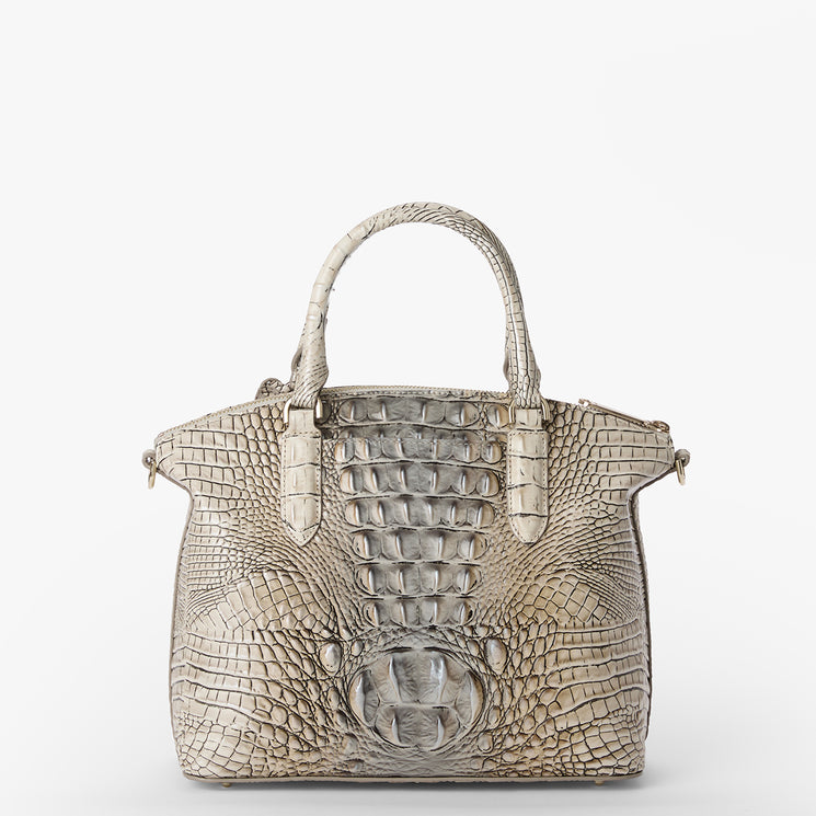 Beige crocodile-patterned Duxbury Satchel handbag on a white background. Back view.