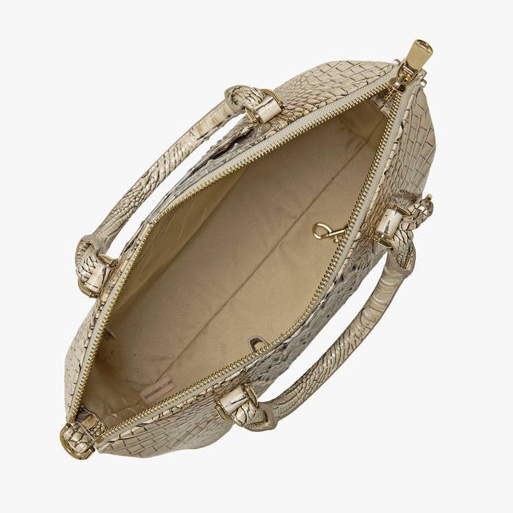 Beige crocodile-patterned Duxbury Satchel handbag on a white background. Open top view.