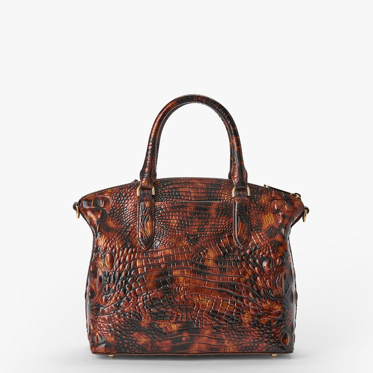 A structured brown crocodile-embossed leather handbag with dual top handles and gold-tone hardware, photographed against a clean white background.
