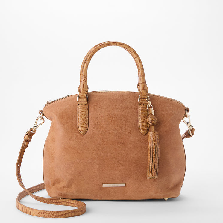 Tan Adrift Duxbury Satchel Front View with Strap 