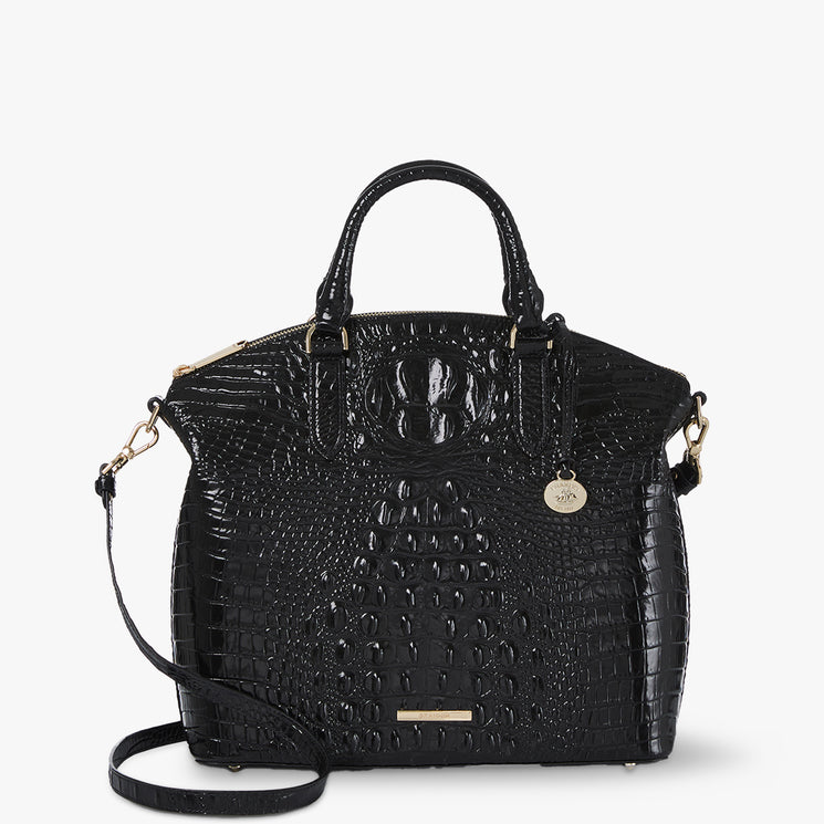 Black Melbourne Large Duxbury Satchel Front View with Strap 