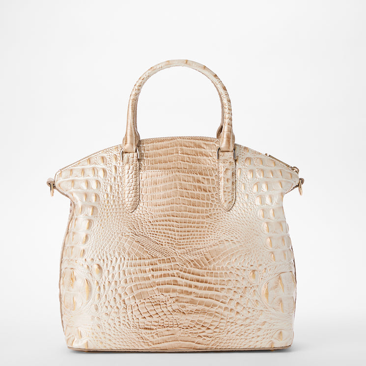 A structured Large Duxbury handbag in textured crocodile-embossed leather, featuring dual top handles and a circular embossed logo on the front, shown against a plain white background. Back view.
