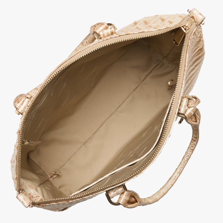 A structured Large Duxbury handbag in textured crocodile-embossed leather, featuring dual top handles and a circular embossed logo on the front, shown against a plain white background. Open top view.