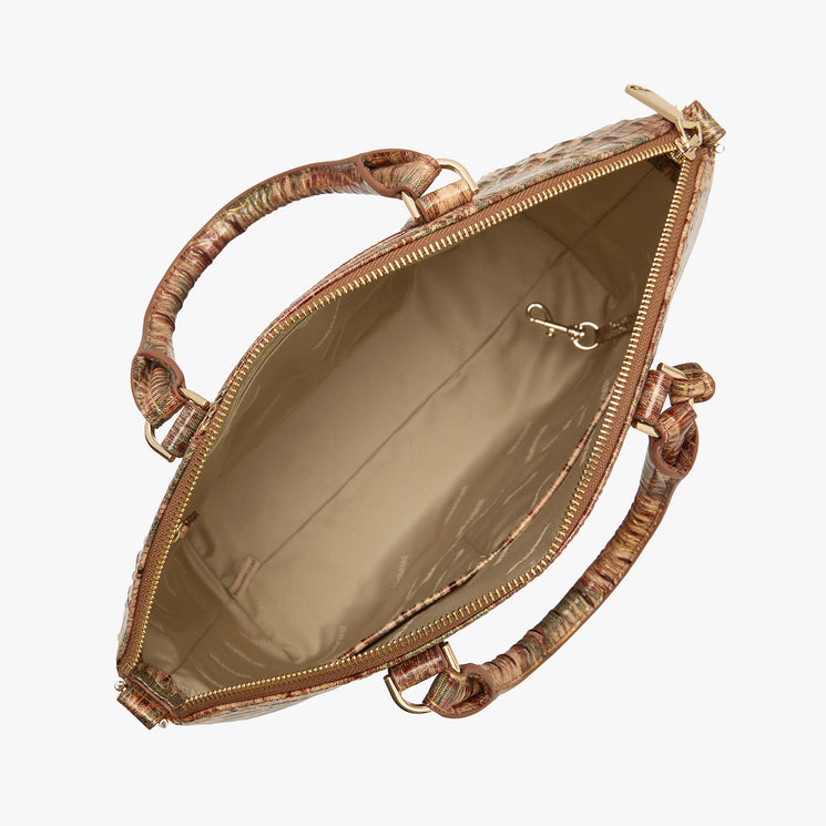 A structured handbag with a crocodile-embossed texture in earthy brown, beige, and muted green tones, featuring dual top handles and a gold Brahmin logo plaque. Large Duxbury Satchel Open Top View.