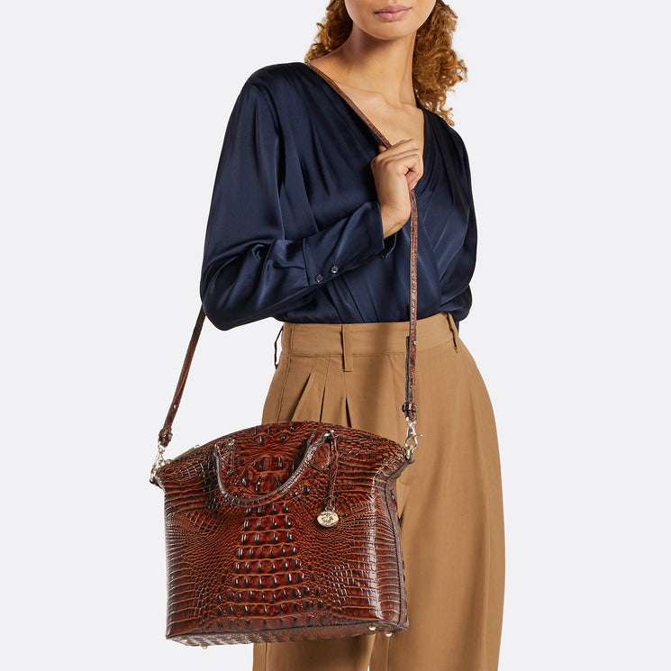 Pecan Melbourne Large Duxbury Satchel Being Worn By Model Over the Shoulder