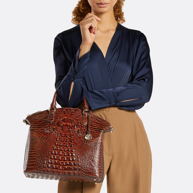 Pecan Melbourne Large Duxbury Satchel Being Worn By Model On the Arm