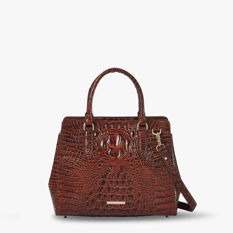 Pecan Melbourne Small Finley Satchel Front View with Strap 
