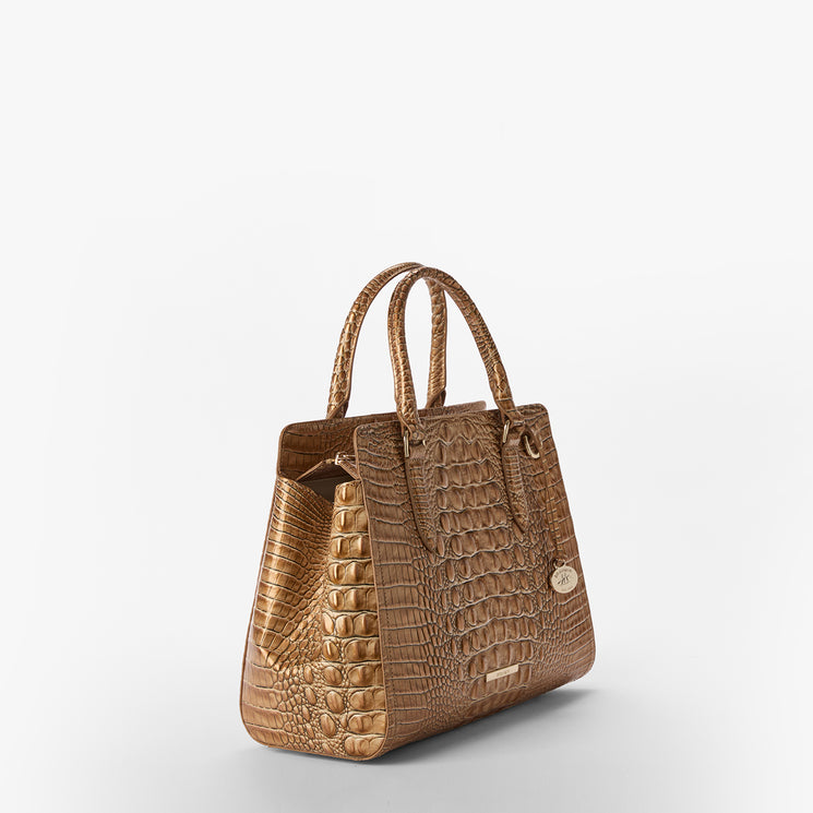 Brown textured Small Finley handbag on a light gray background side view