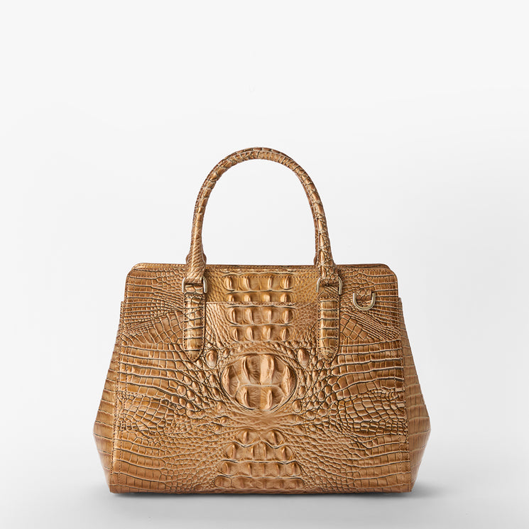 Brown textured Small Finley handbag on a light gray background front view