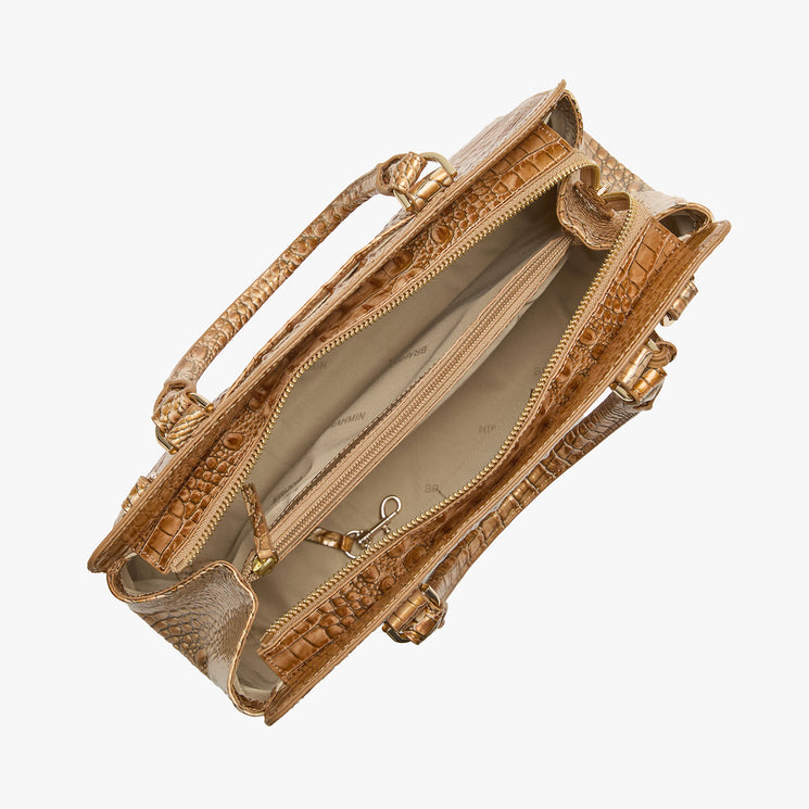 Brown Small Finley handbag on a white background open top view