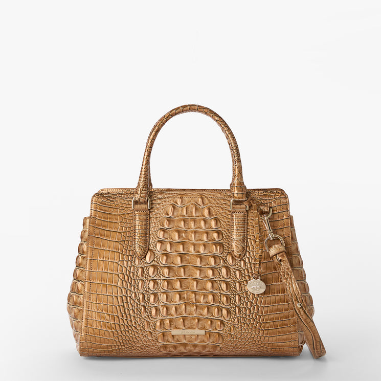 Brown crocodile-patterned Small Finley handbag on a light gray background front view with strap