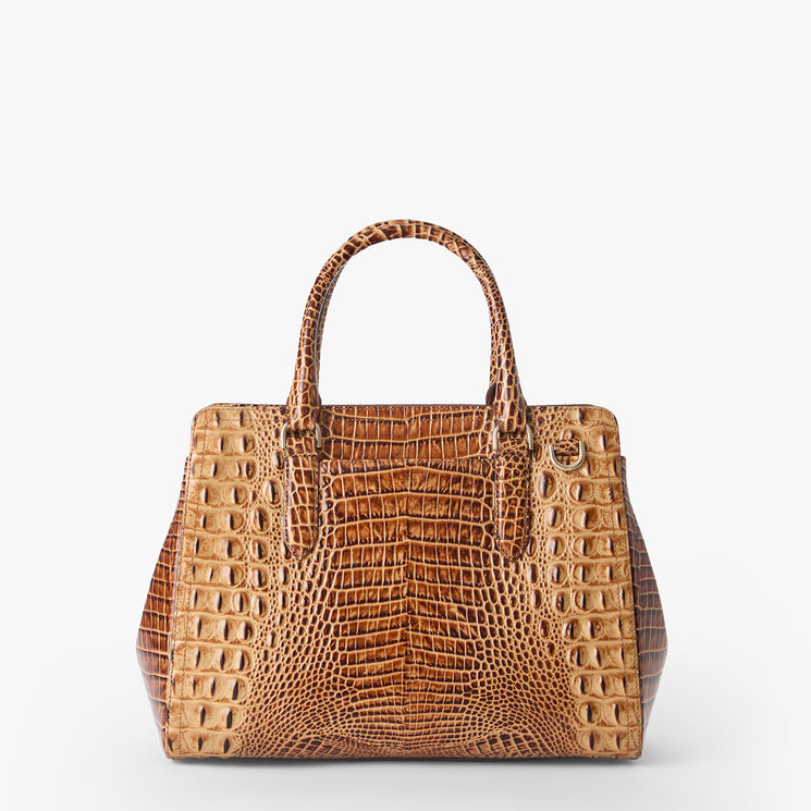 Brahmin brown structured handbag with textured embossed pattern, two top handles, gold hardware, and a spacious boxy silhouette displayed against a plain white background.