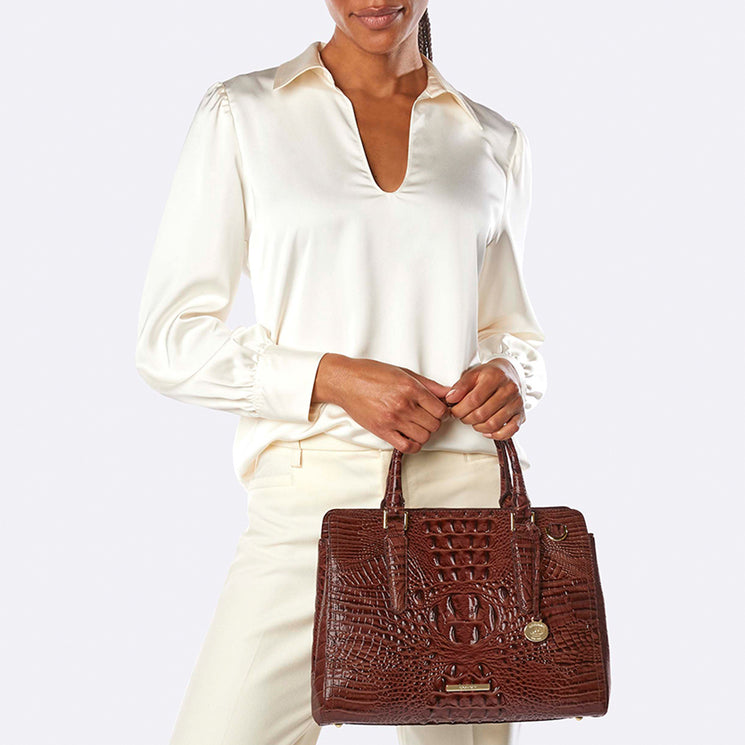 Pecan Melbourne Small Finley Satchel Being Worn On the Arm