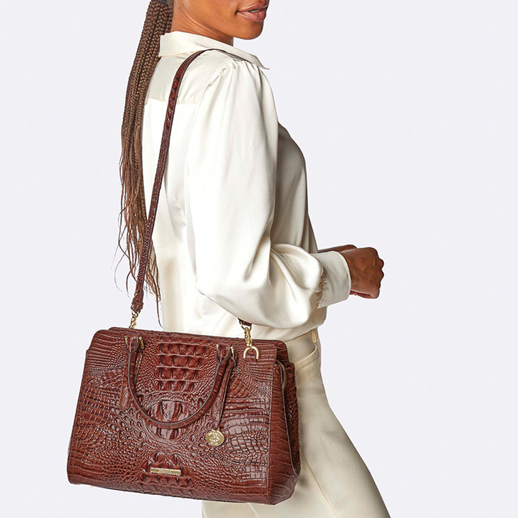 Pecan Melbourne Small Finley Satchel Being Worn Over the Shoulder