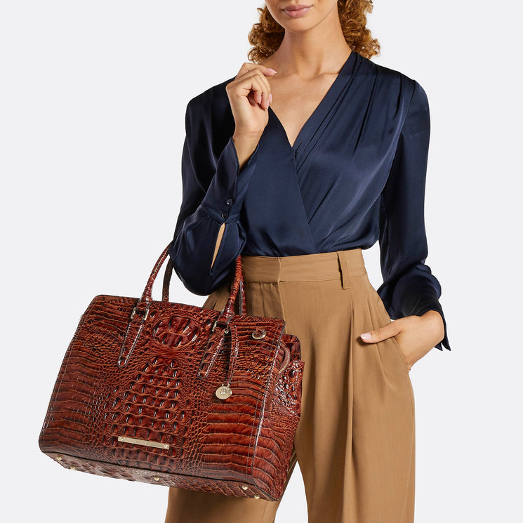 Pecan Melbourne Finley Carryall Being Worn On the Arm By Model

