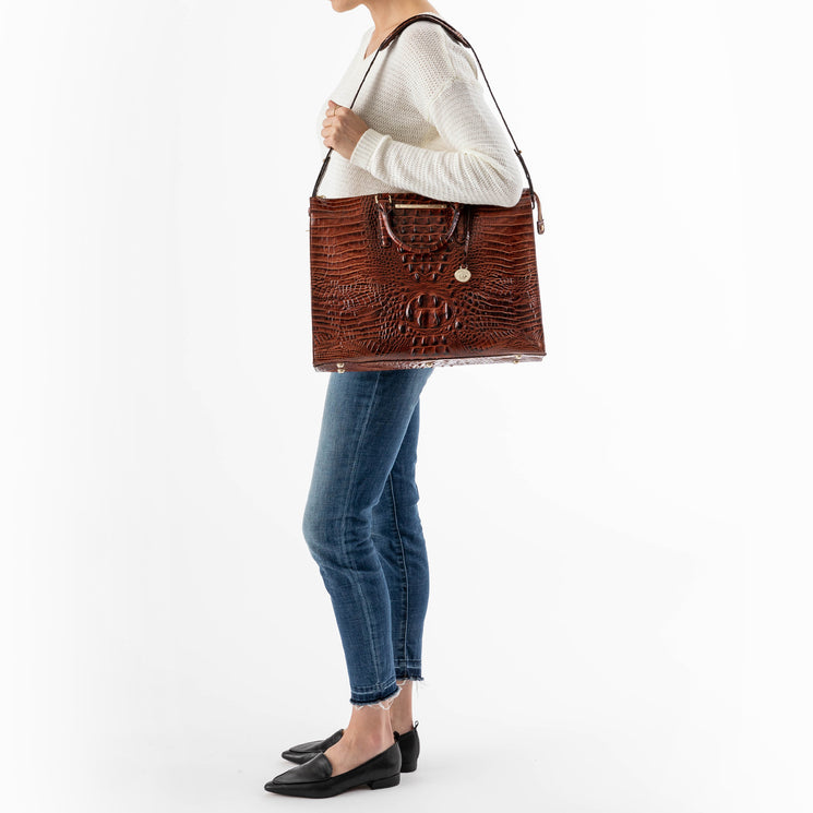 Pecan Melbourne Business Tote Front View on model shoulder