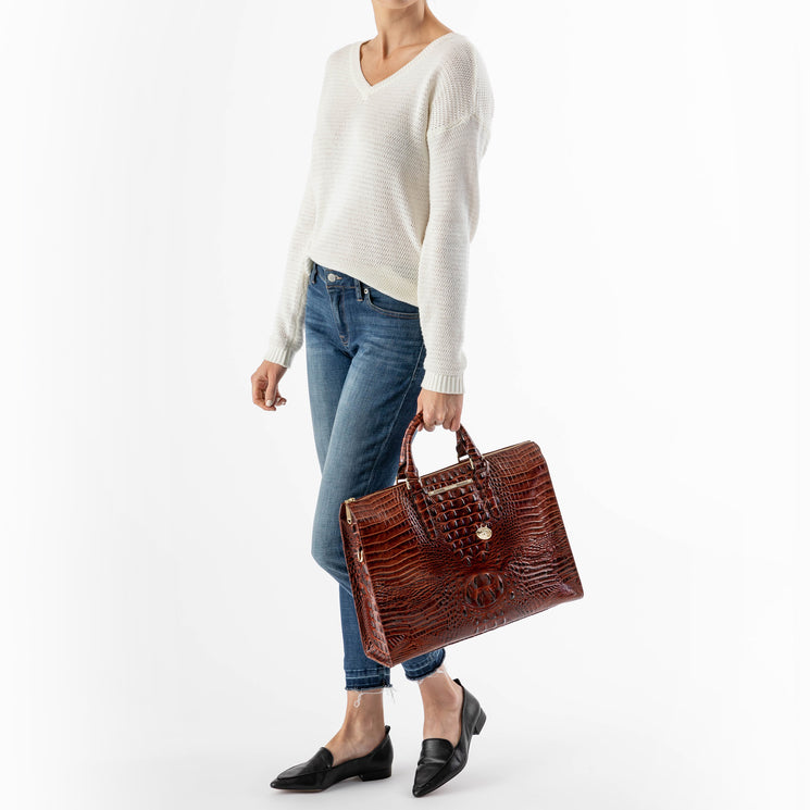 Pecan Melbourne Business Tote Front View being held by model