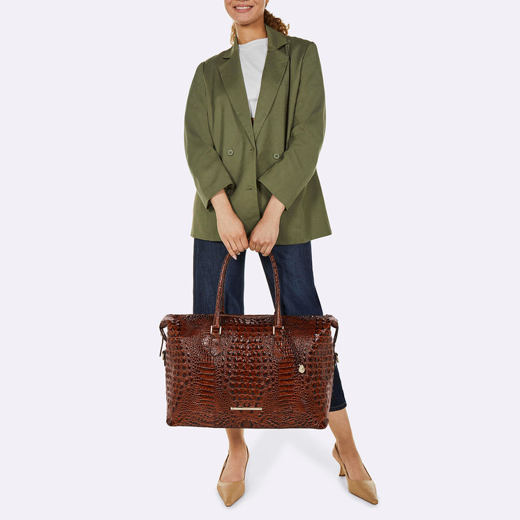 Duxbury Weekender Pecan Melbourne Duffle Bag Front shot in models hands