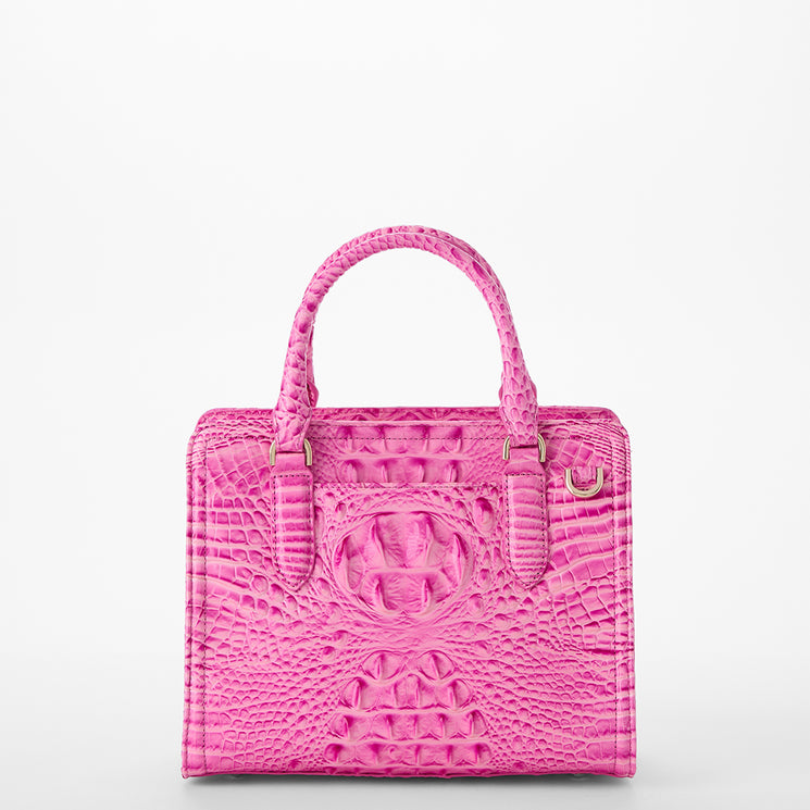 Pink textured Cami handbag on a white background back view