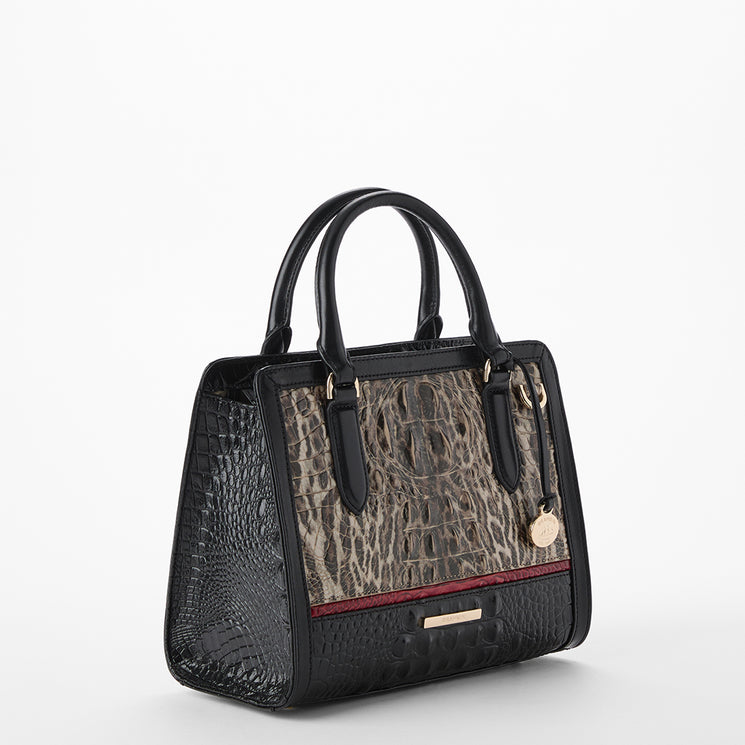 Brahmin handbag with leopard print and black and red leather accents on a white background. Cami side view.