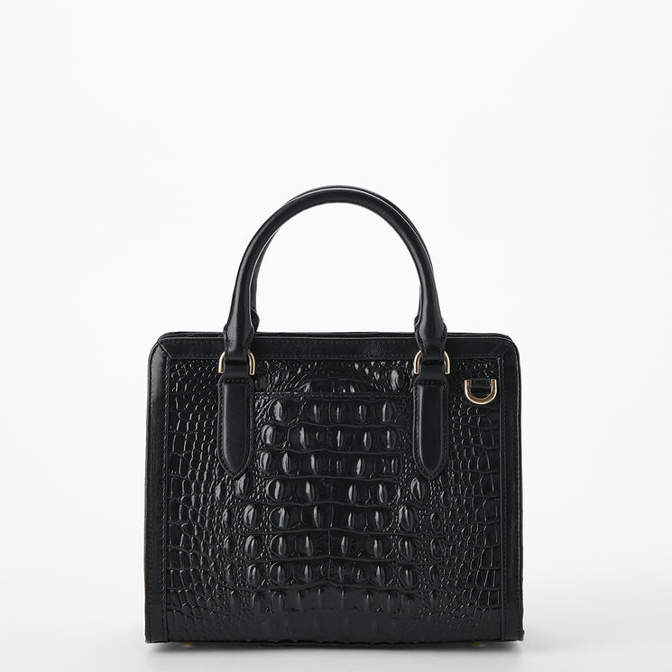 Brahmin handbag with leopard print and black and red leather accents on a white background. Cami back view.