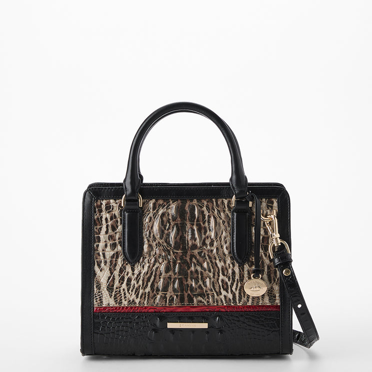 Brahmin handbag with leopard print and black and red leather accents on a white background. Cami front view with strap.
