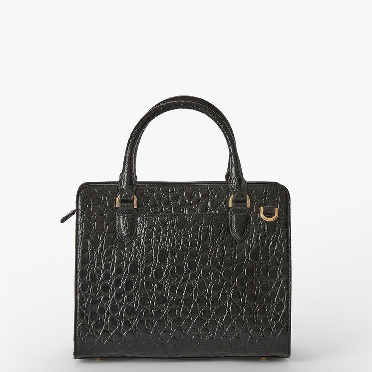 Handbag with black and beige croc pattern on a white background. Cami back view.