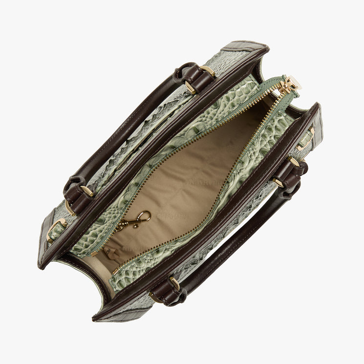 An open structured handbag with a light green crocodile-embossed exterior, dark brown leather handles and trim, and a beige interior lining, shown on a plain light gray background.