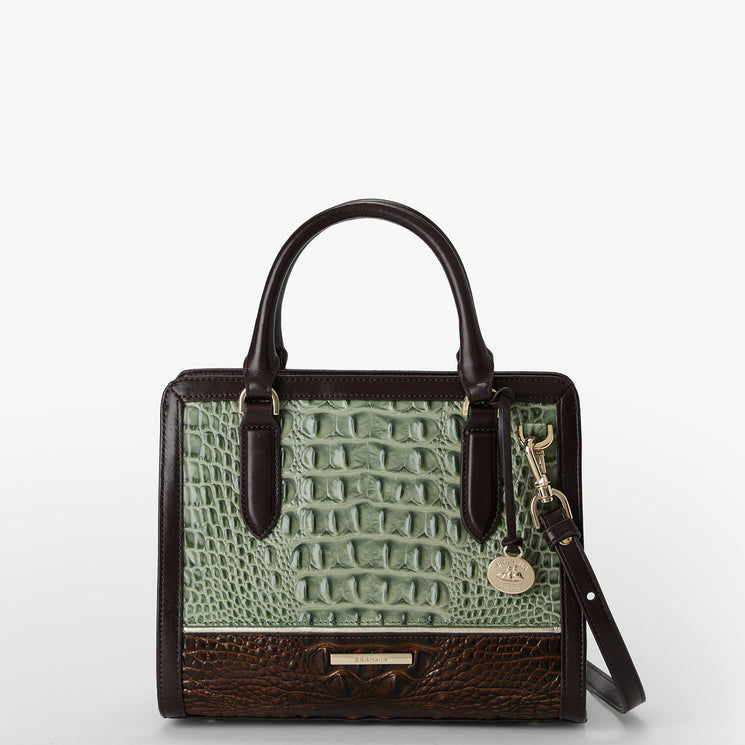 A structured handbag with a light green crocodile-embossed front panel, dark brown leather trim, top handles, and a matching shoulder strap, shown on a clean white background.