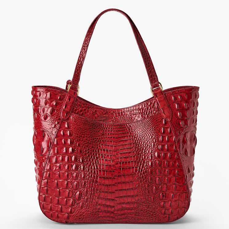 Volcanic Red Melbourne croc textured handbag on a light gray background. Aliza back view.
