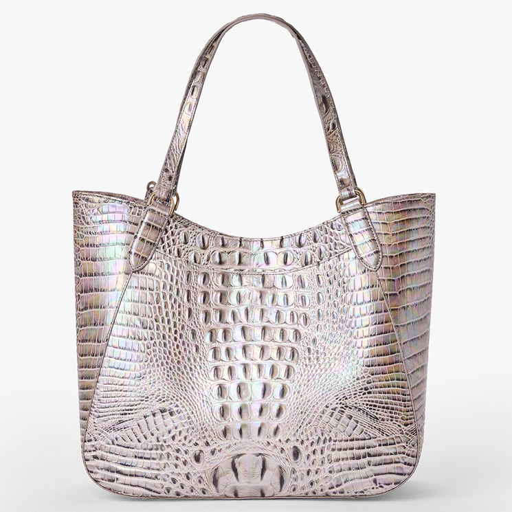Brahmin iridescent tote bag with embossed textured pattern, double top handles, structured silhouette, and shiny finish. Shown on a plain white background. No hardware or interior details visible.