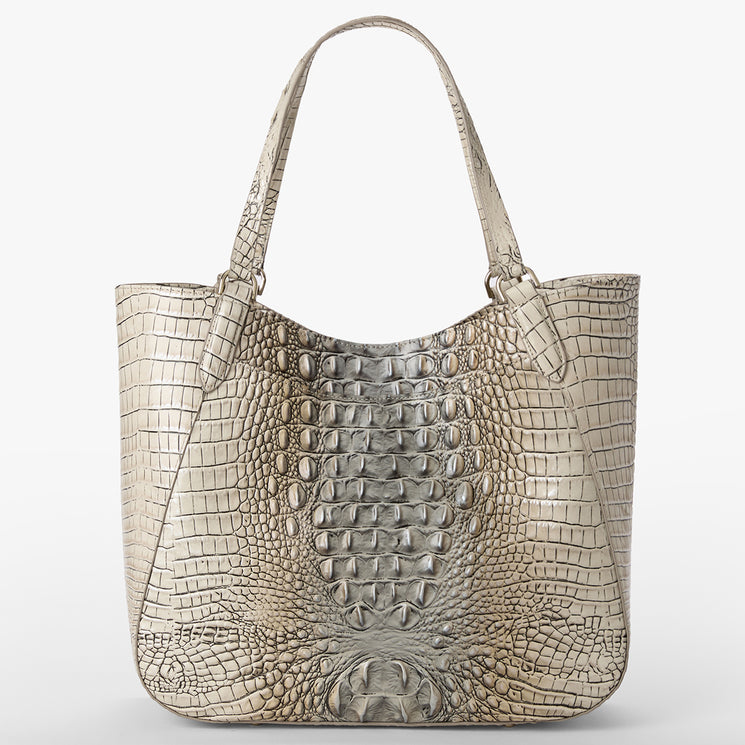 Silver crocodile-patterned Aliza handbag on a white background. Front view.