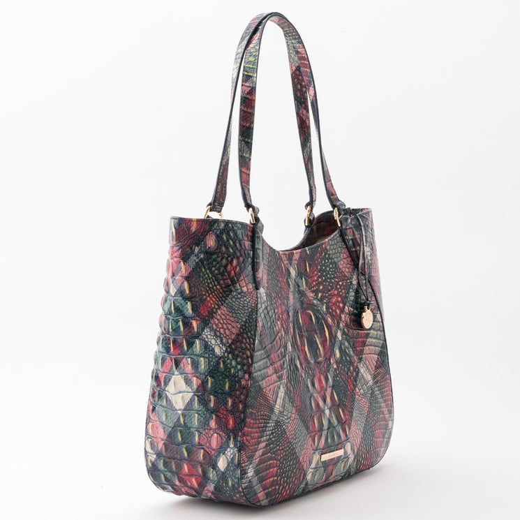 Brahmin Aliza tote in a multicolor, croc-embossed texture. Features double shoulder straps, gold-tone hardware, and a hanging logo charm.