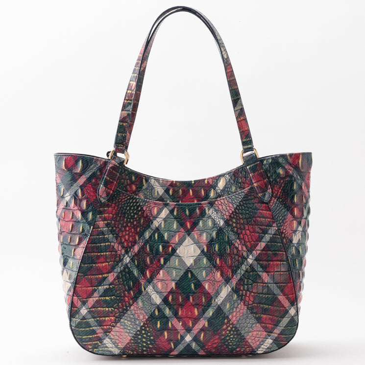 The Aliza by BRAHMIN multi-colored holiday plaid tote bag featuring a textured, croc-embossed finish, gold-tone hardware, and two shoulder straps.