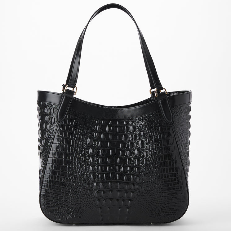 Brahmin handbag with leopard print and black and red leather accents on a white background. Aliza back view.