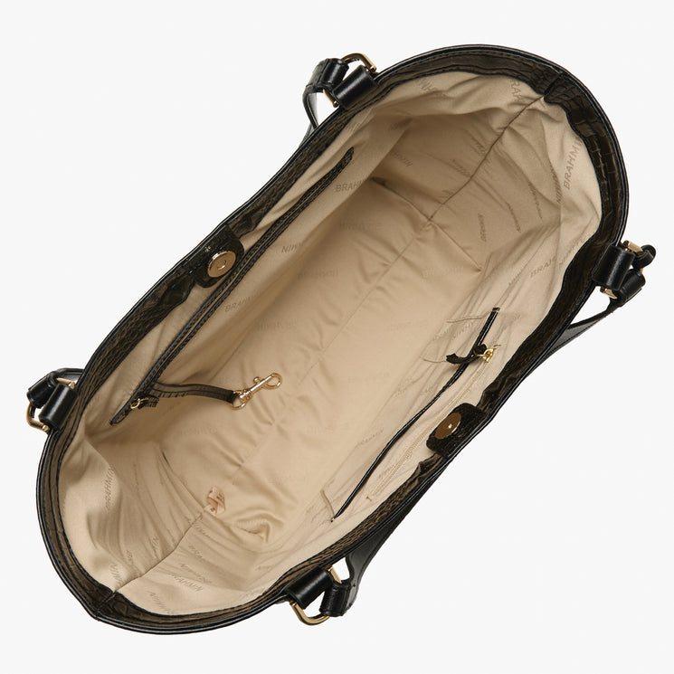 Brahmin handbag with leopard print and black and red leather accents on a white background. Aliza open top view.