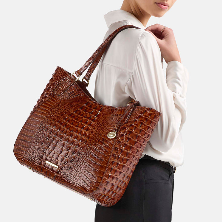Pecan Melbourne Aliza Tote Being Worn By Model Over the Shoulder

