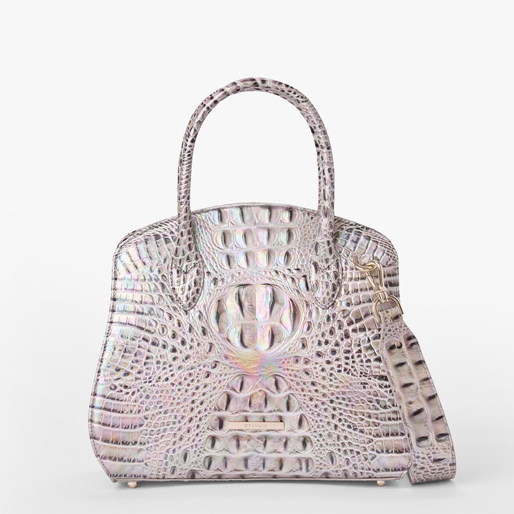 Brahmin structured handbag in iridescent, crocodile-embossed texture with two top handles, detachable shoulder strap, metallic hardware, and classic silhouette on plain white background.