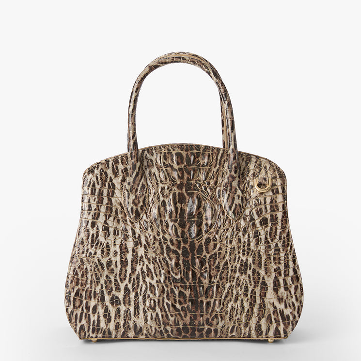 Leopard print handbag on a white background. Rosetta back view.