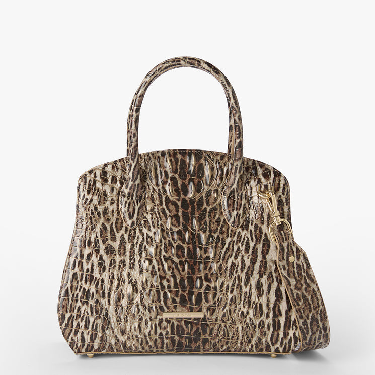 Leopard print handbag on a white background. Rosetta front view with strap.