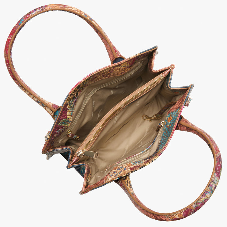 Brahmin handbag top view, open with two handles, multicolored textured design, beige interior featuring a zippered center pocket, gold-tone hardware key holder, and side pockets; tote silhouette.