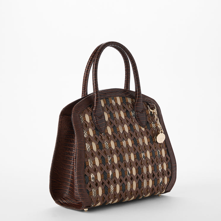 Brown patterned handbag with a handle on a white background. Rosetta side view.