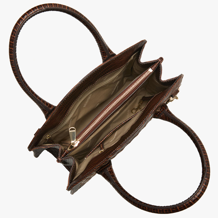 Brown patterned handbag with a handle on a white background. Rosetta open top view.