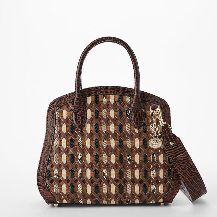 Brown patterned handbag with a handle on a white background. Rosetta front view with strap.